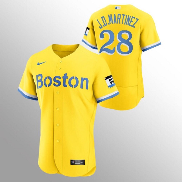 Men's Boston Red Sox #28 J.D. Martinez Gold MLB 2021 City Connect Flex base Stitched Jersey Men's Boston Red Sox #28 J.D. Martinez Gold MLB 2021 City Connect Flex base Stitched Jersey